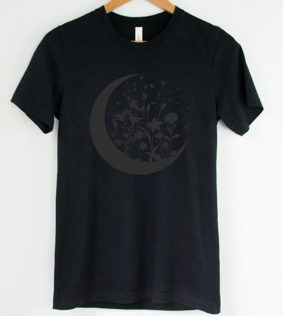 Black on Black Floral Moon: T-Shirt, Pullover, Hoodie, Tank or Long Sleeve - Image 2