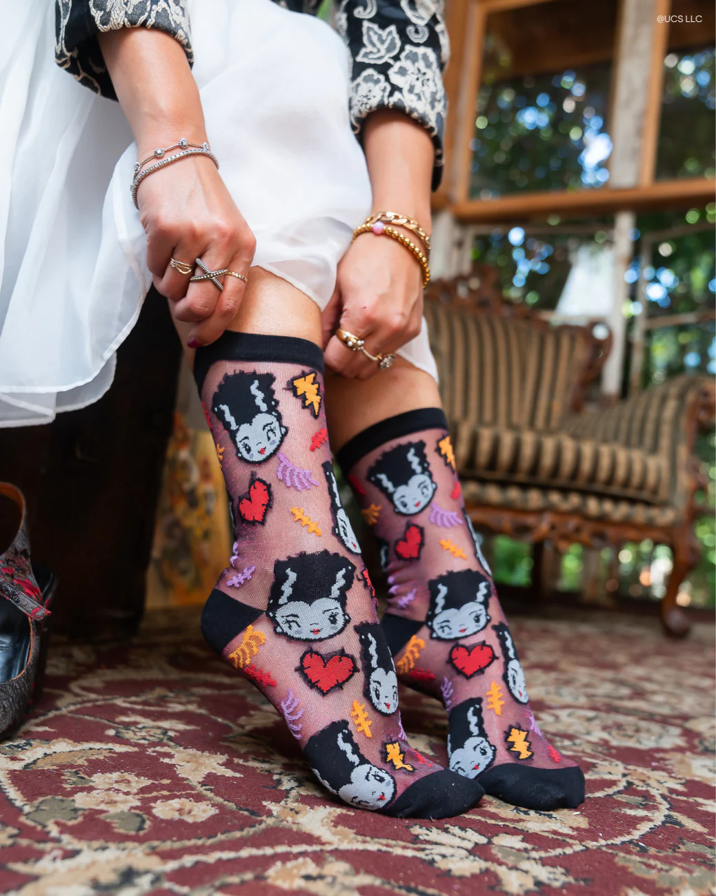 Bride of Frankenstein Shimmer Sheer Crew Sock