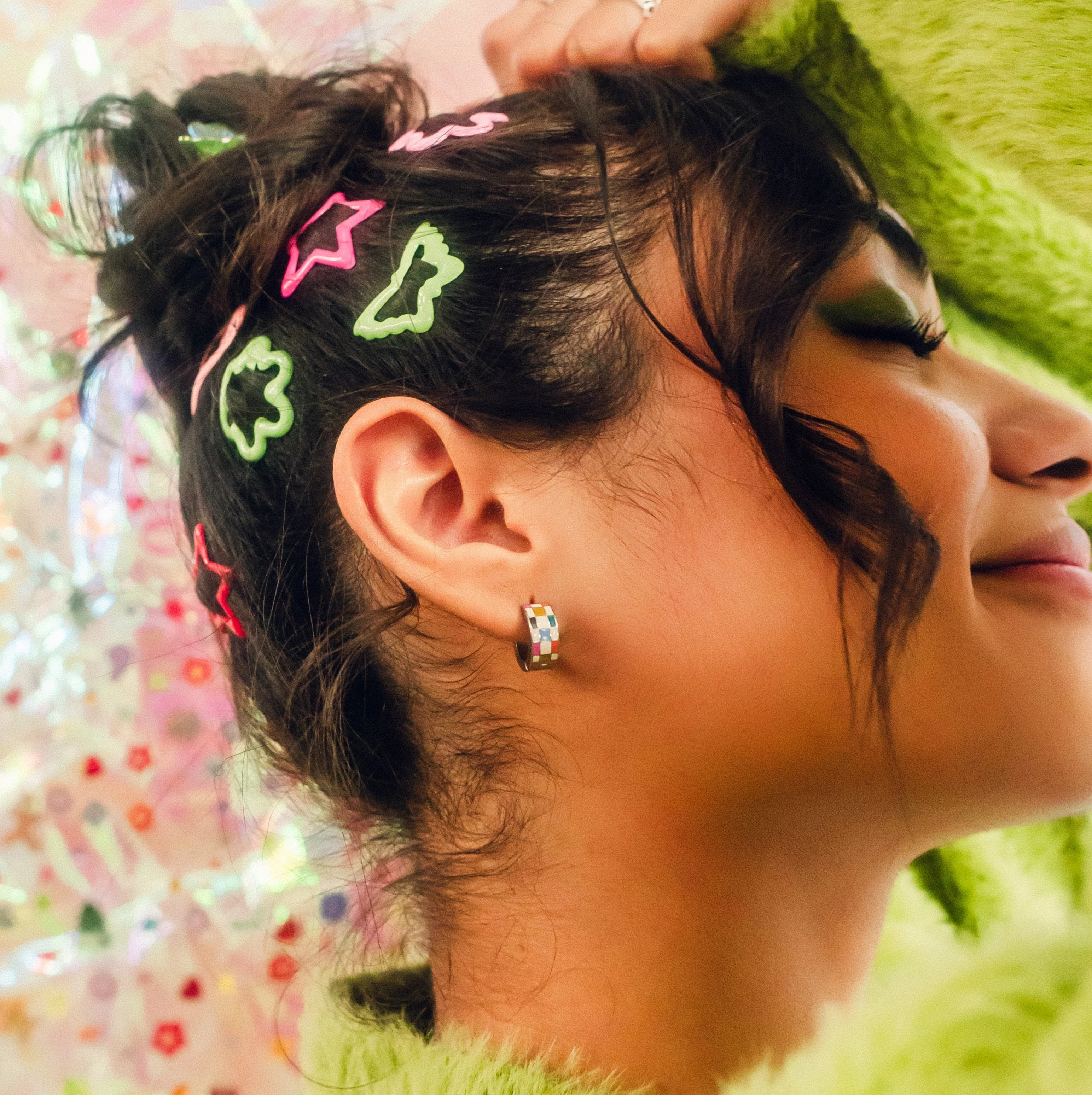 Bright Checkered Super Chunky Huggie Hoop Earrings - Image 2