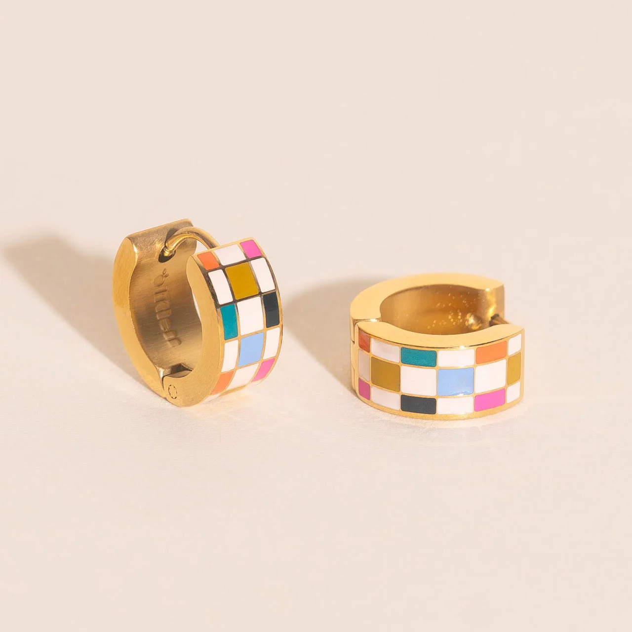 Bright Checkered Super Chunky Huggie Hoop Earrings - Image 3