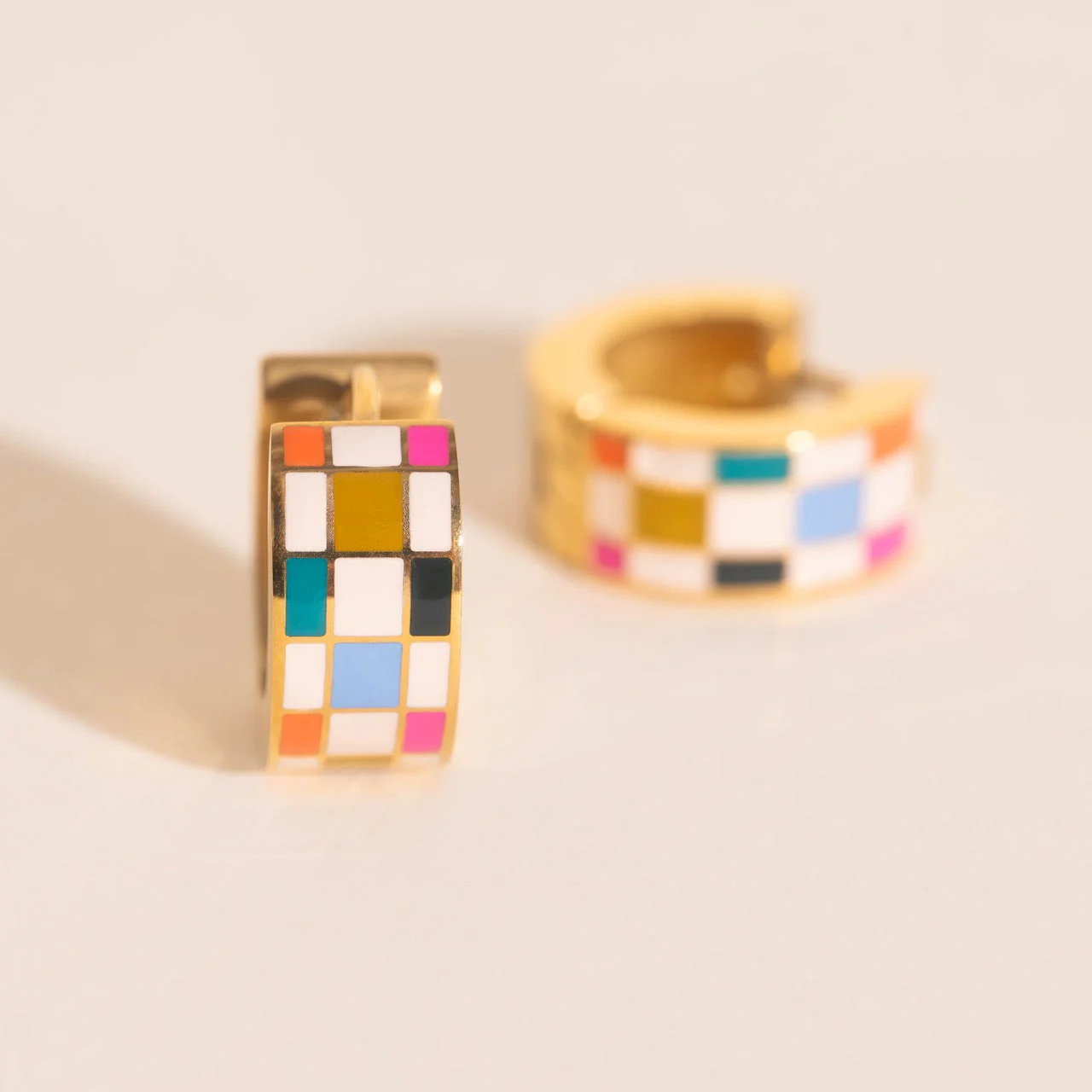 Bright Checkered Super Chunky Huggie Hoop Earrings - Image 4