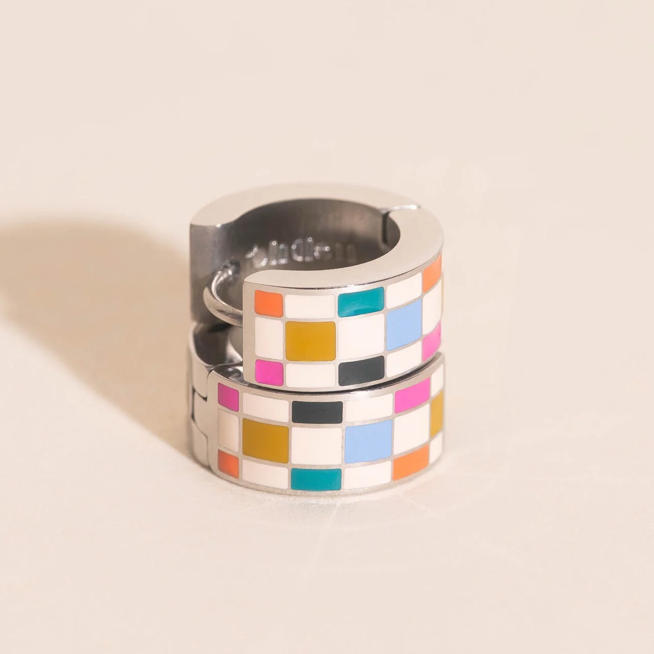 Bright Checkered Super Chunky Huggie Hoop Earrings - Image 5
