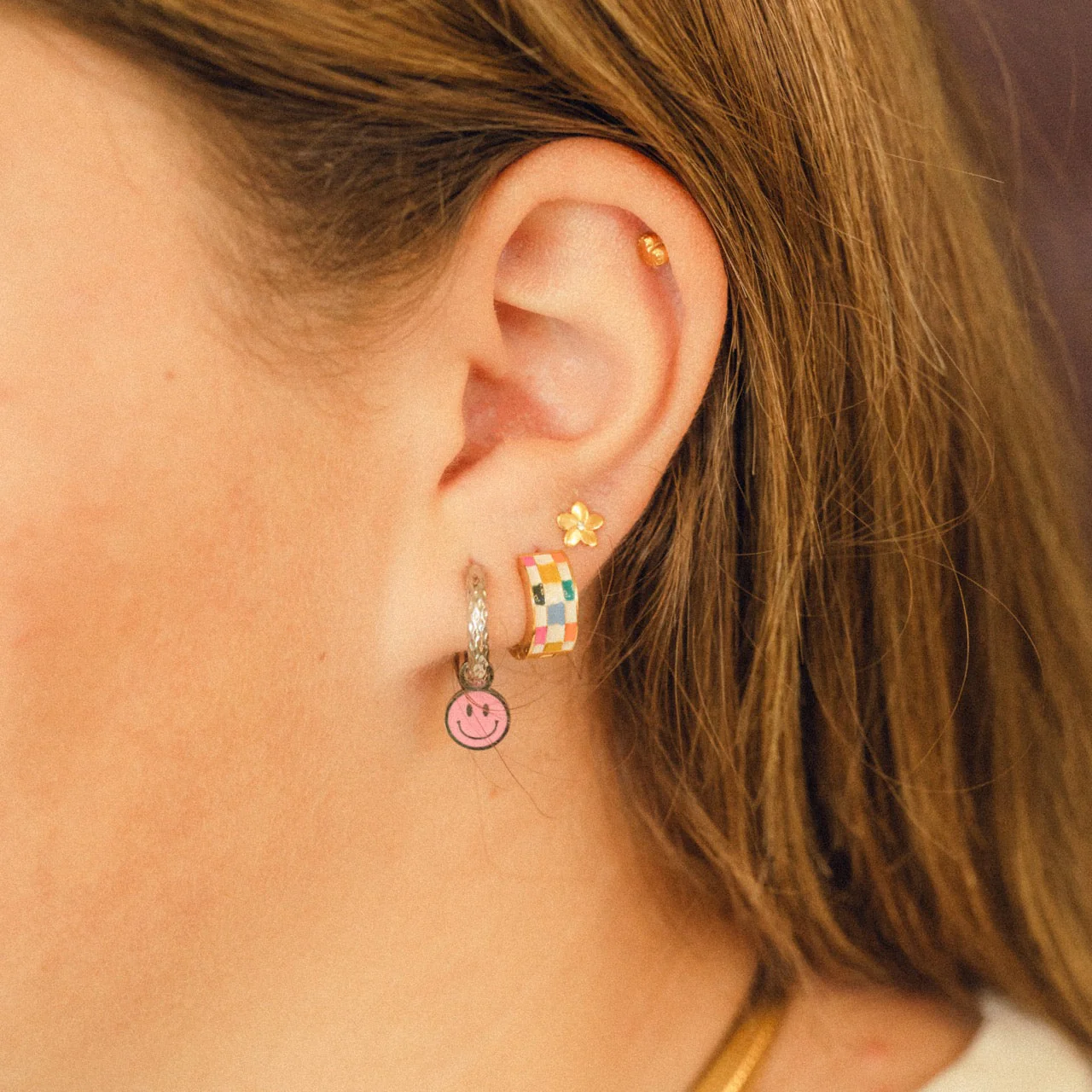 Bright Checkered Super Chunky Huggie Hoop Earrings - Image 6