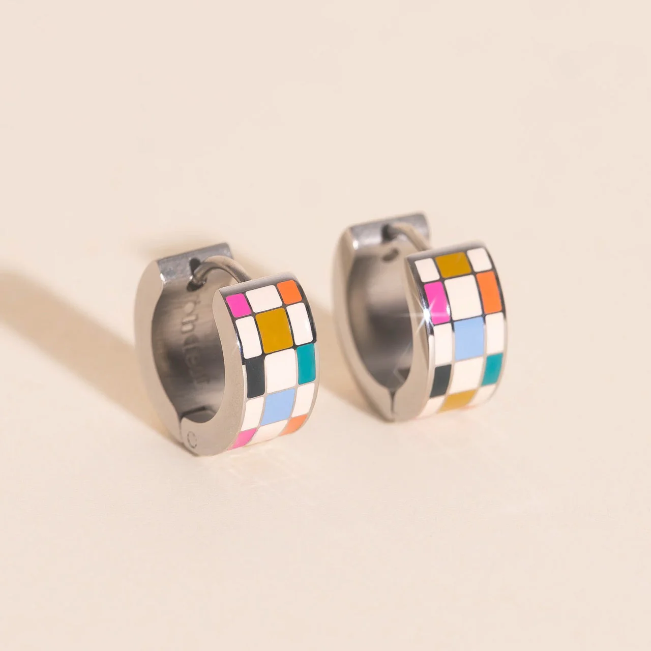 Bright Checkered Super Chunky Huggie Hoop Earrings - Image 7