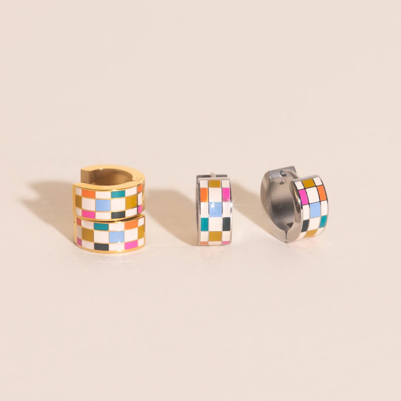 Bright Checkered Super Chunky Huggie Hoop Earrings - Image 8