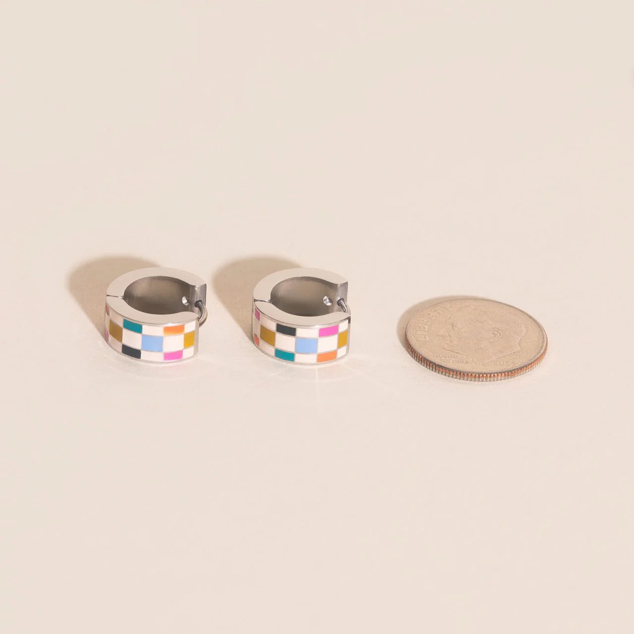 Bright Checkered Super Chunky Huggie Hoop Earrings - Image 9