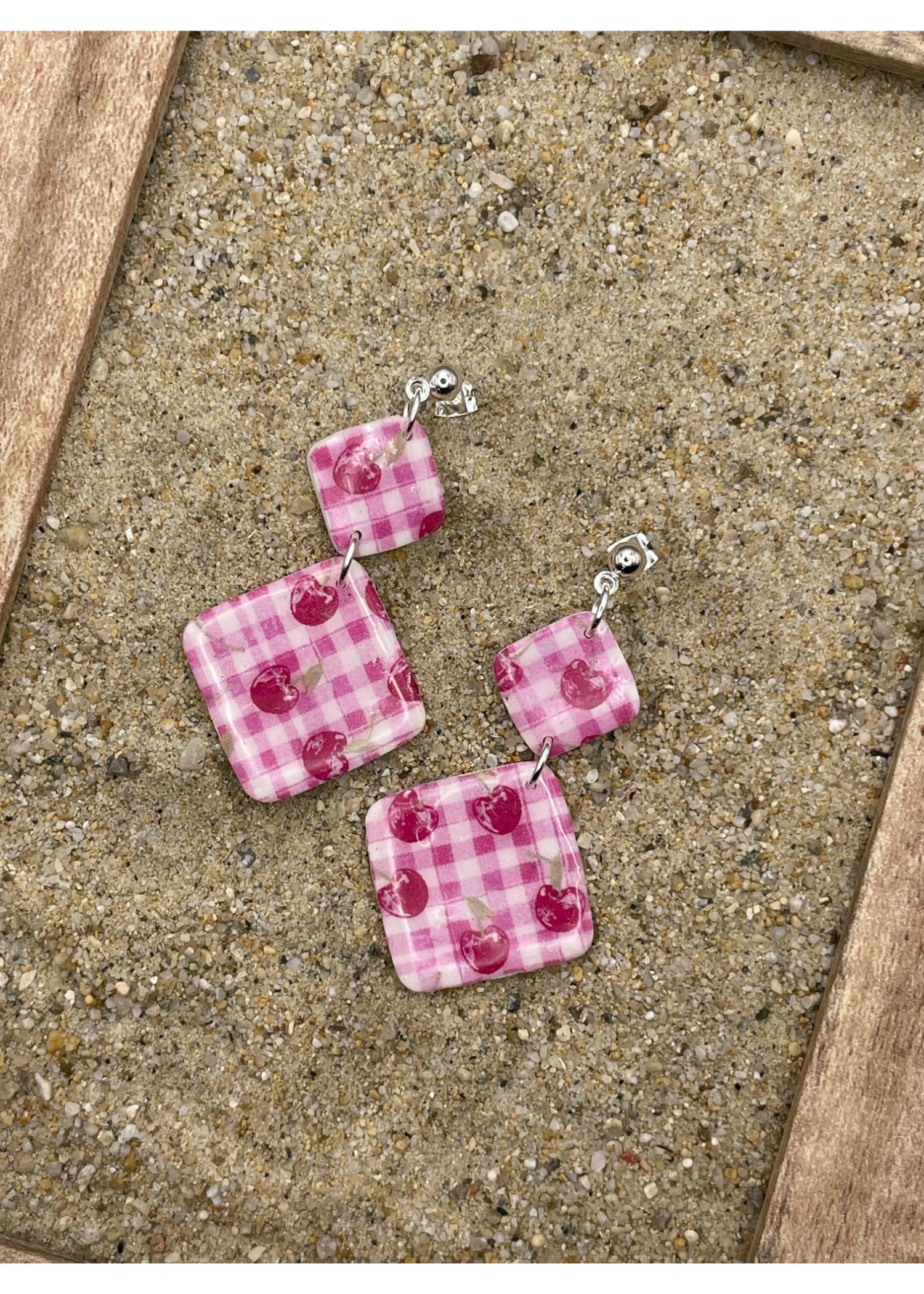 Cherry Gingham Printed Dangle Earrings - Image 2