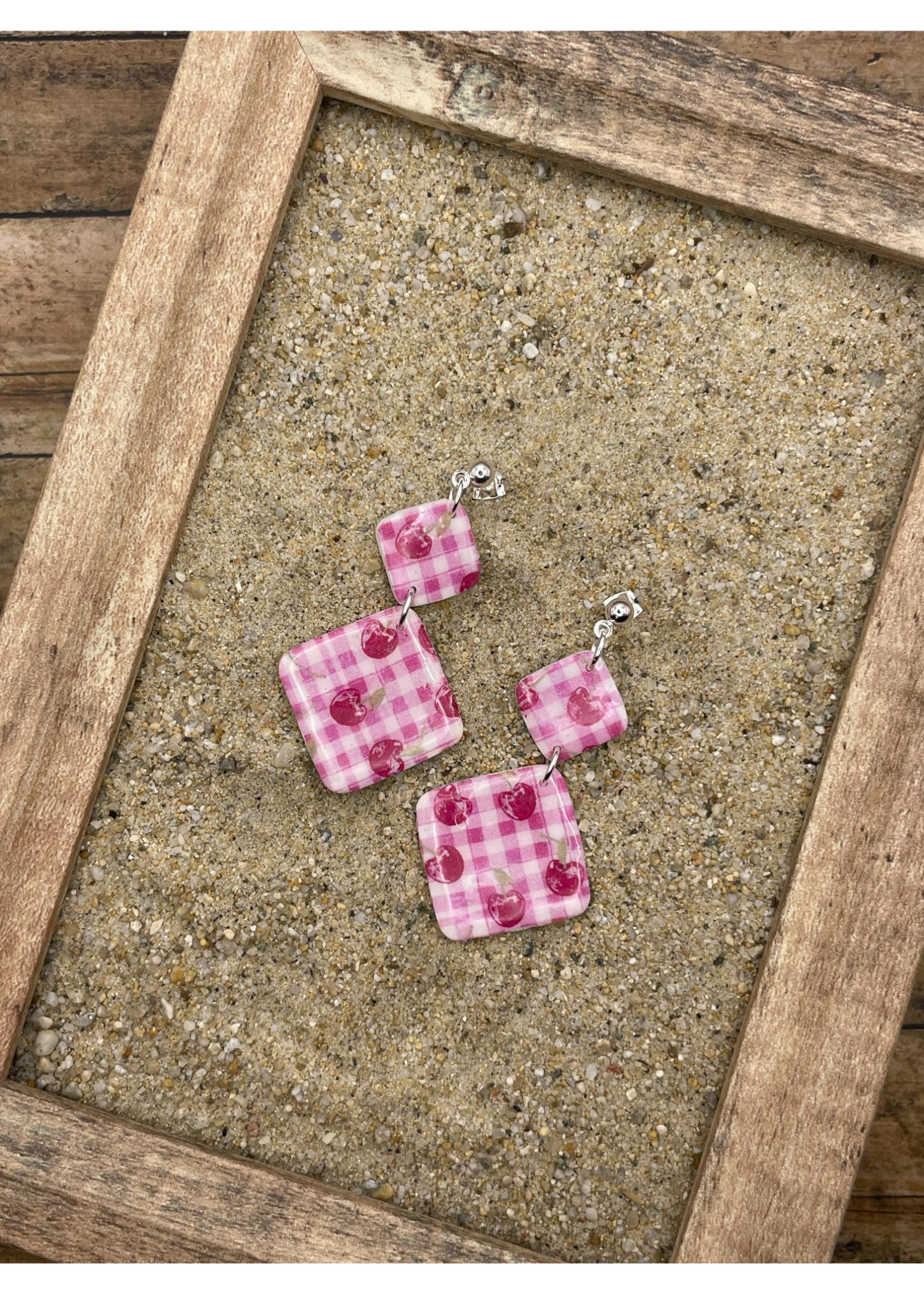 Cherry Gingham Printed Dangle Earrings - Image 3