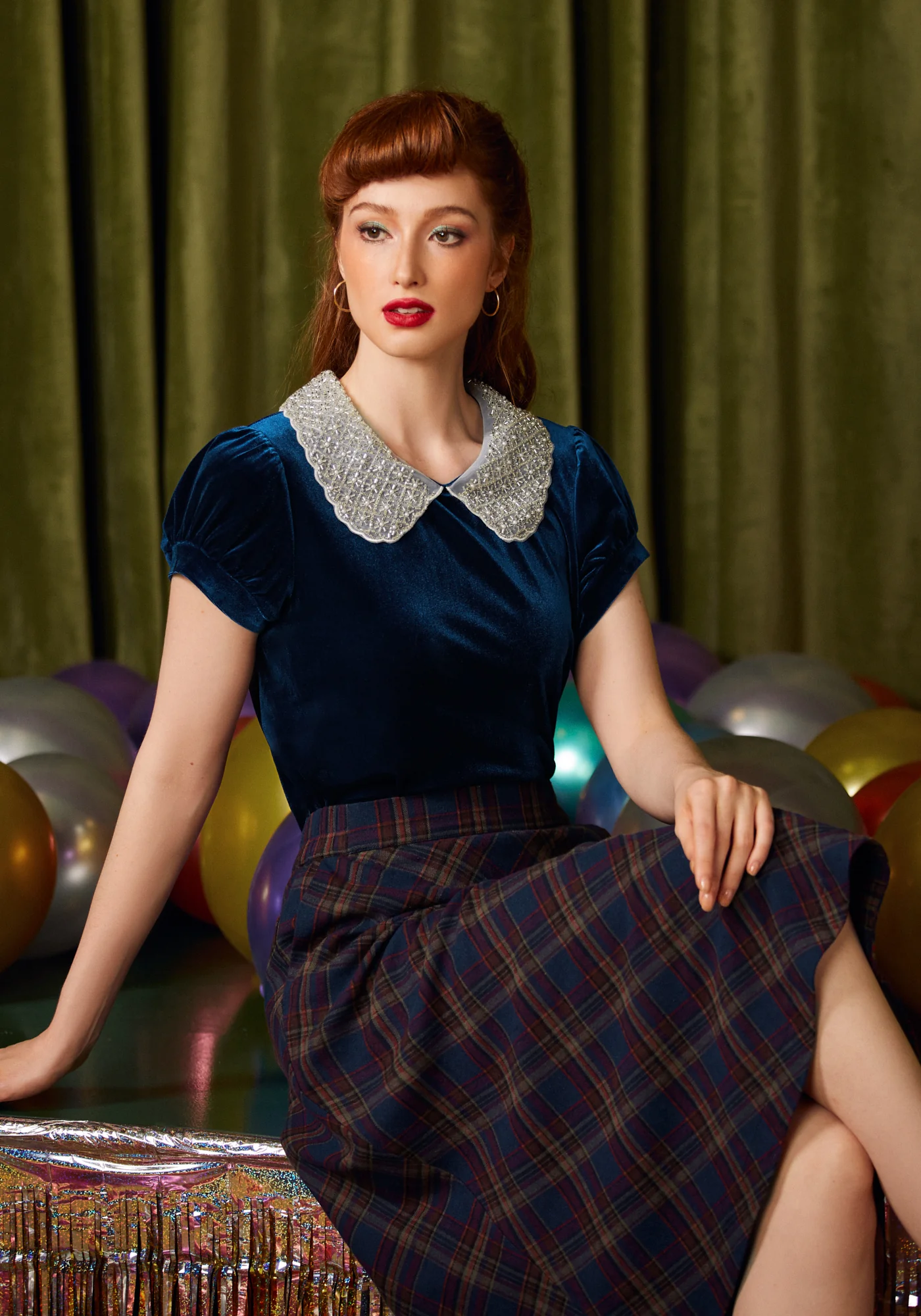 Diner Delight Peter Pan Collar Velvet Top