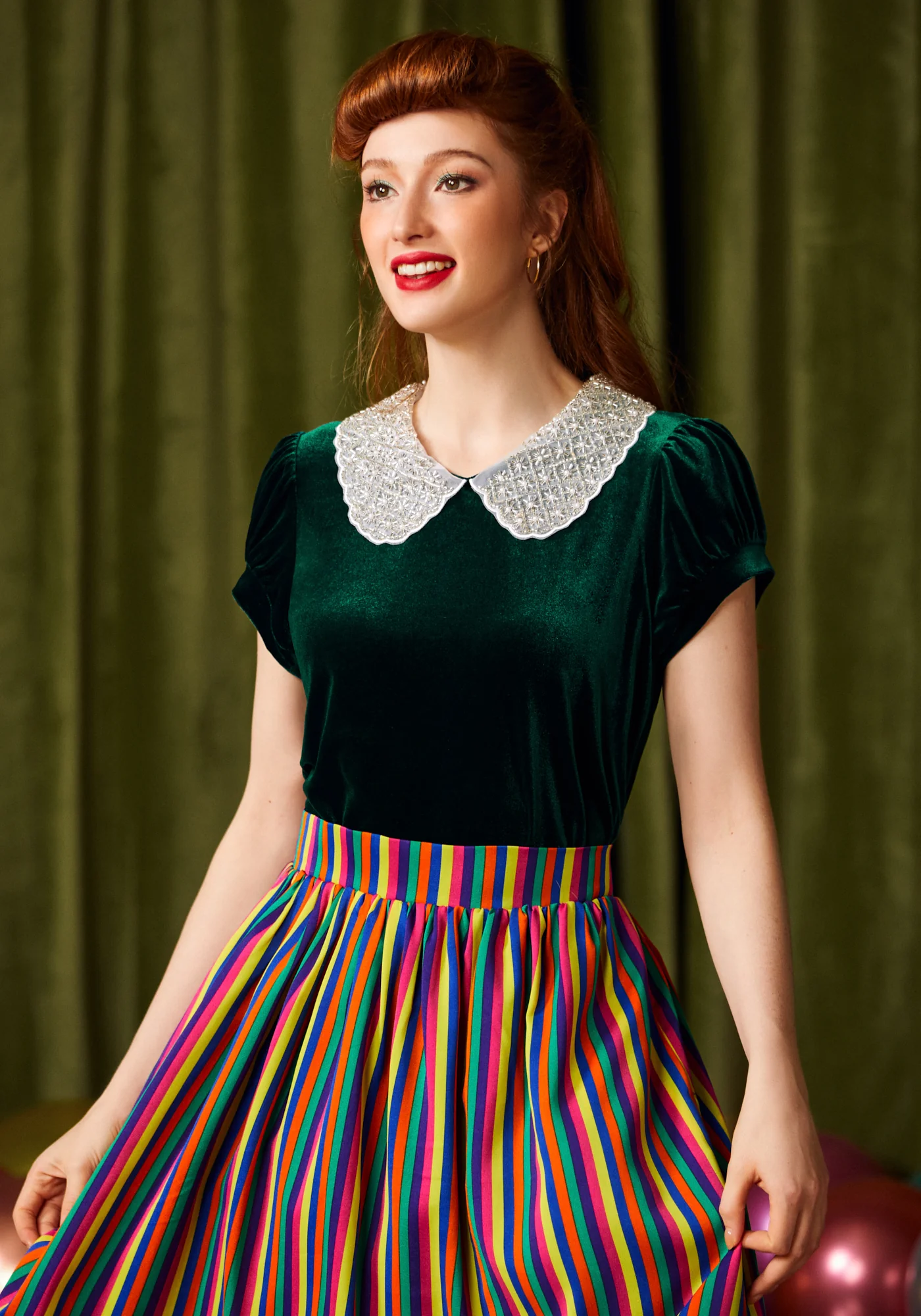 Diner Delight Peter Pan Collar Velvet Top
