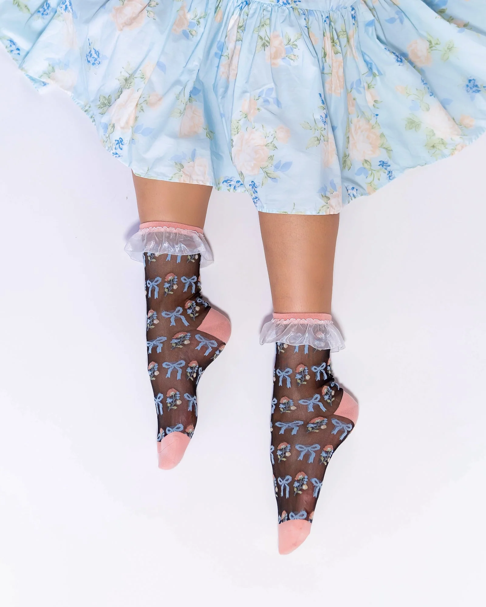 Floral Bow Ruffle Black Sheer Ankle Sock - Image 6