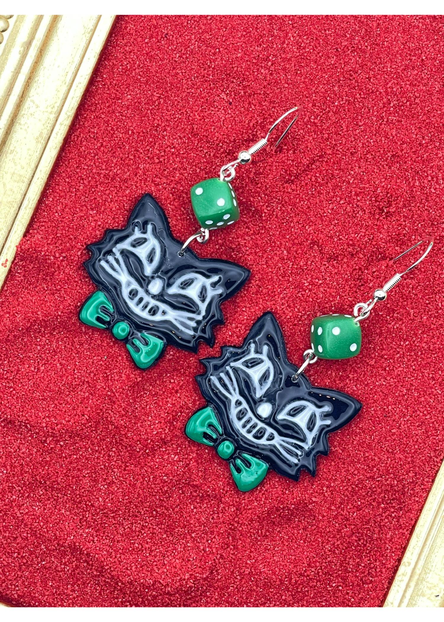 Retro Cat with Green Bowtie Dice Earrings