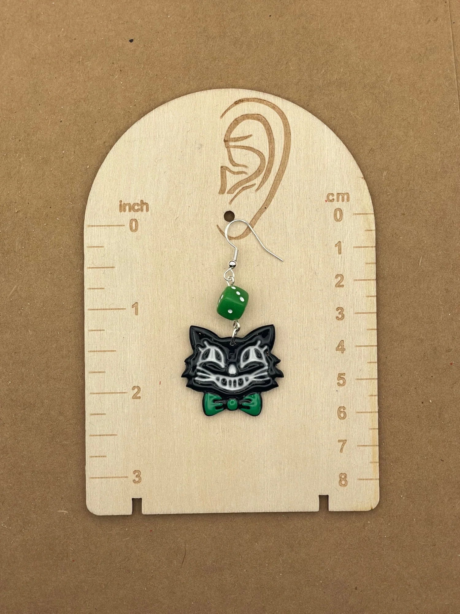 Retro Cat with Green Bowtie Dice Earrings - Image 2