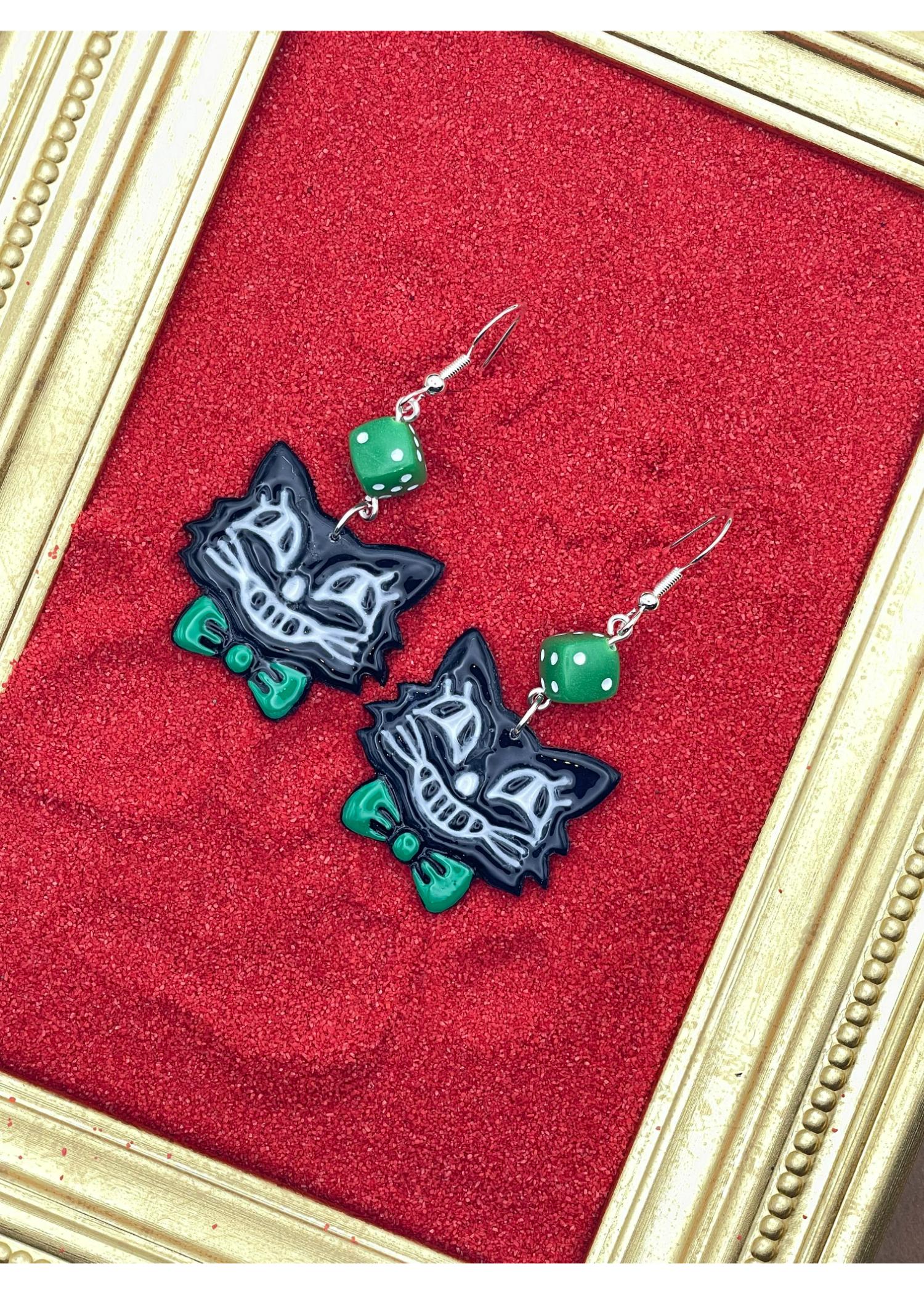Retro Cat with Green Bowtie Dice Earrings - Image 3
