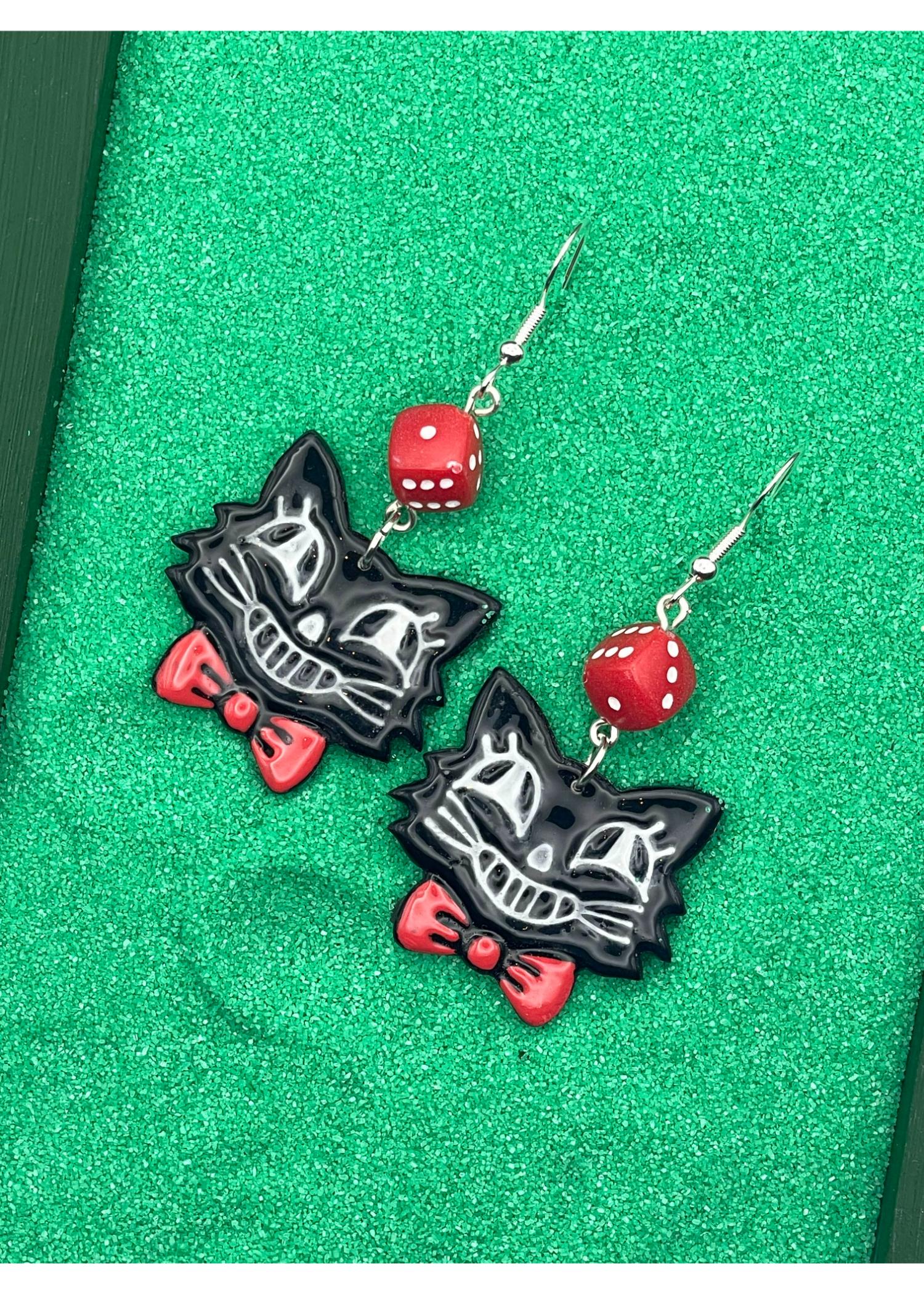 Retro Cat with Red Bowtie Dice Earrings