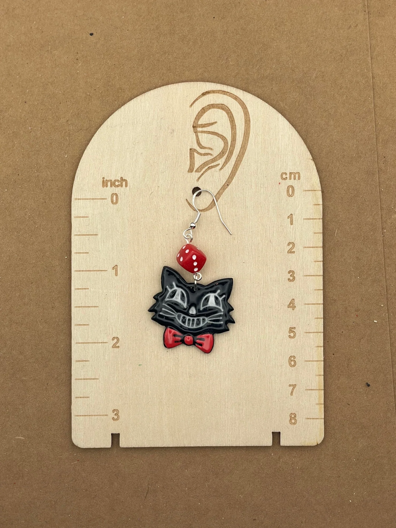 Retro Cat with Red Bowtie Dice Earrings - Image 2