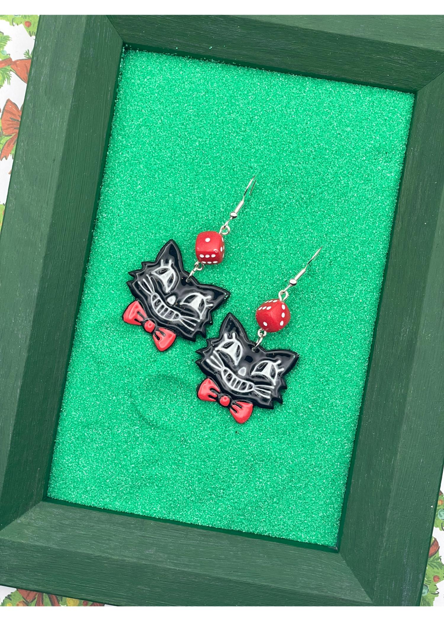 Retro Cat with Red Bowtie Dice Earrings - Image 3