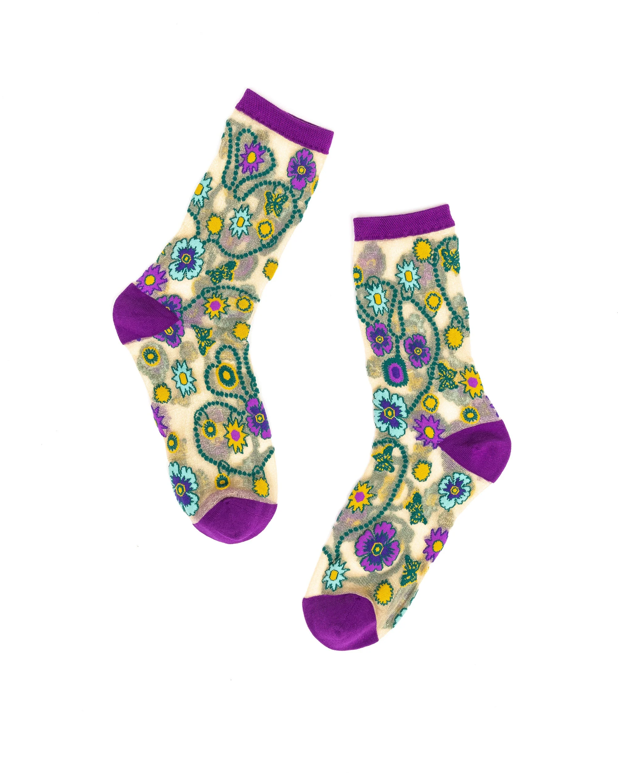 Jeweled Floral Gold Shimmer Sheer Crew Sock - Image 3