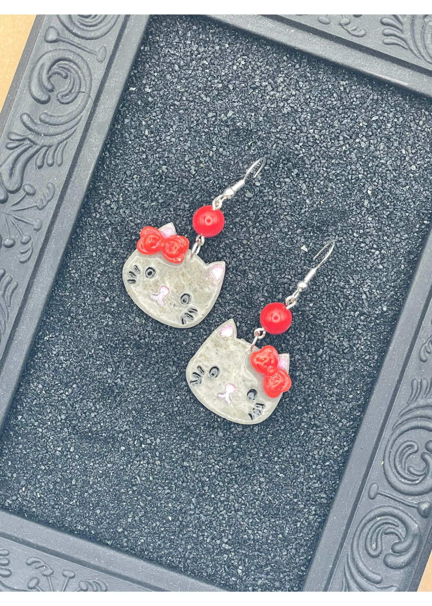 Kitty Cat with Red Bow Earrings - Image 3