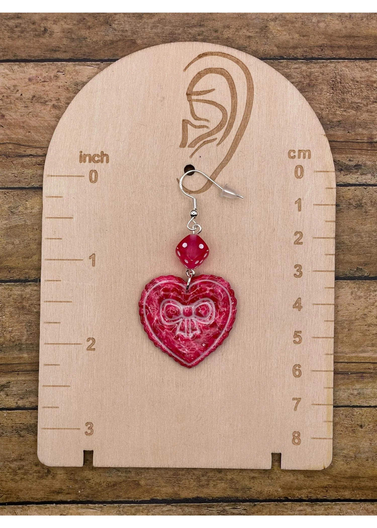 Dice Heart Earrings with Bow Imprint - Image 2