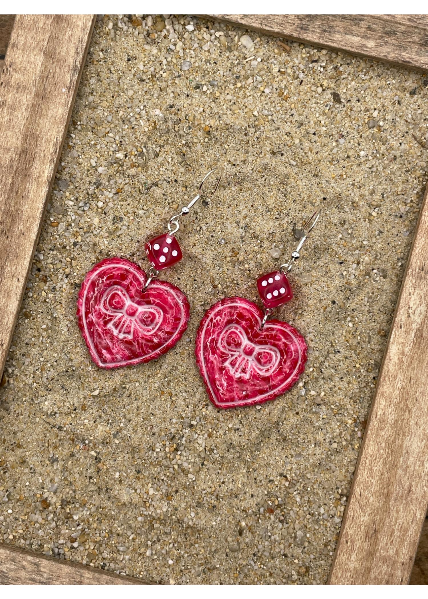 Dice Heart Earrings with Bow Imprint - Image 3