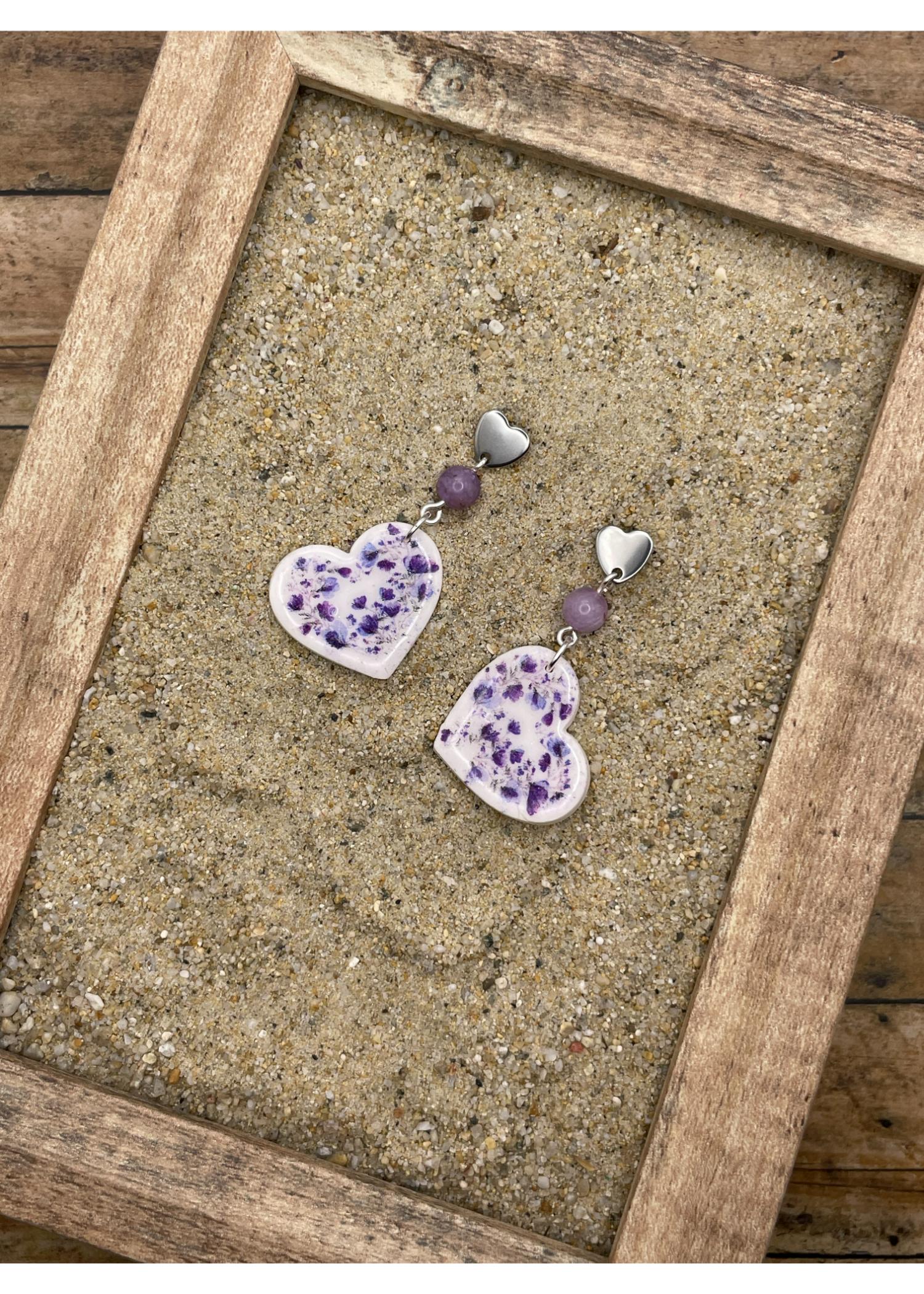 Floral Print Heart Dangle Earrings - Lavender - Image 2