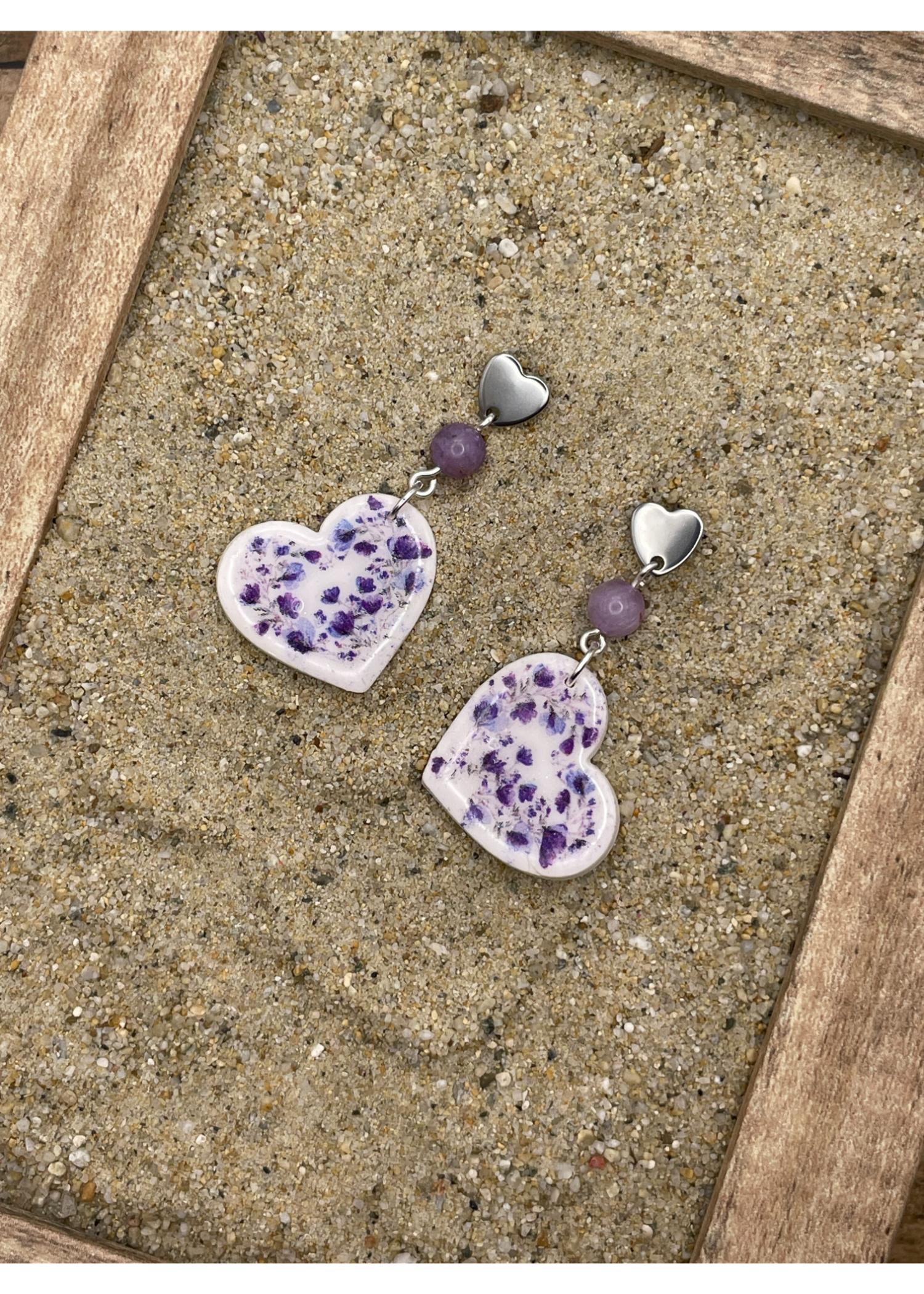 Floral Print Heart Dangle Earrings - Lavender - Image 3
