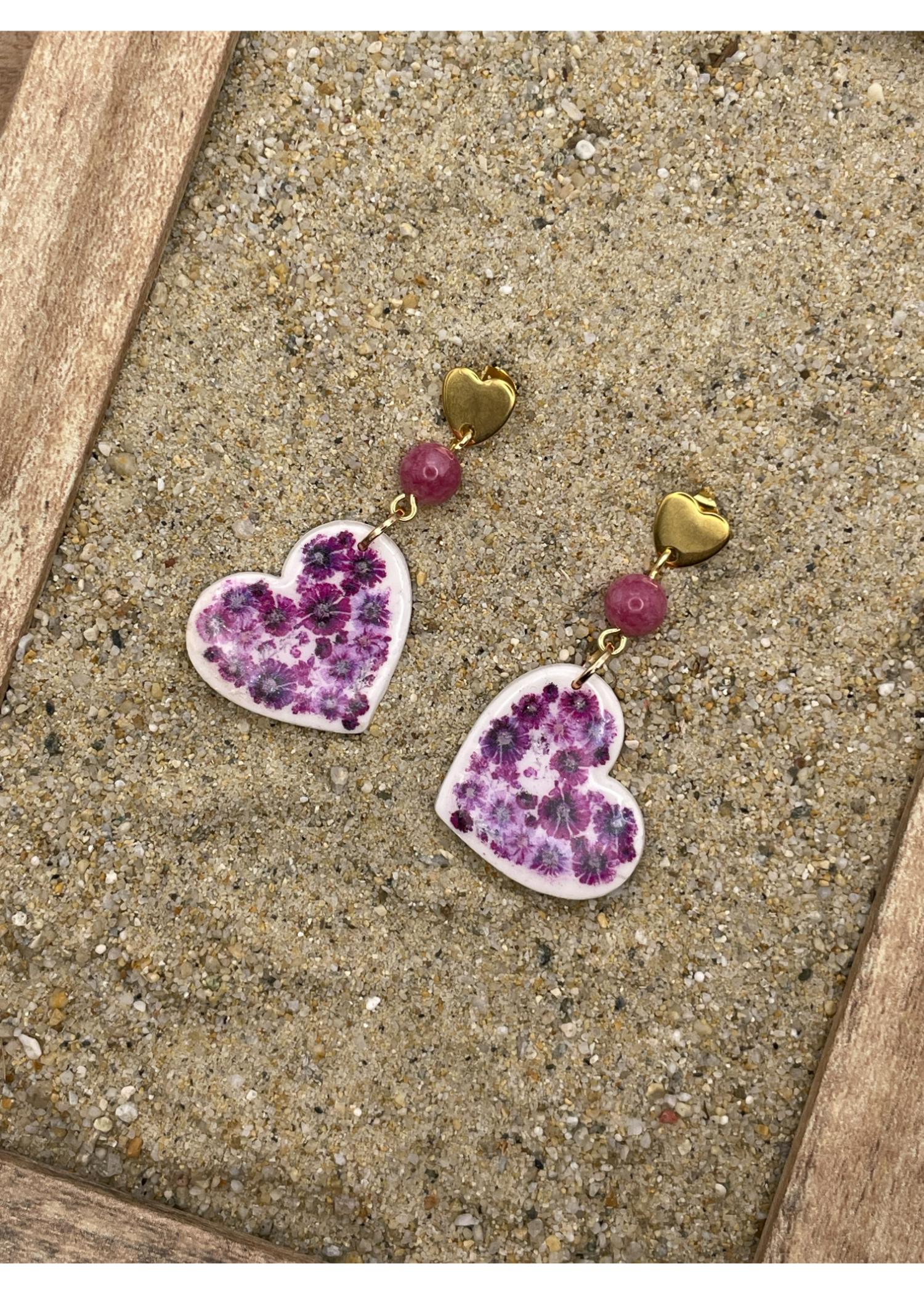 Floral Print Heart Dangle Earrings - Mauve - Image 2