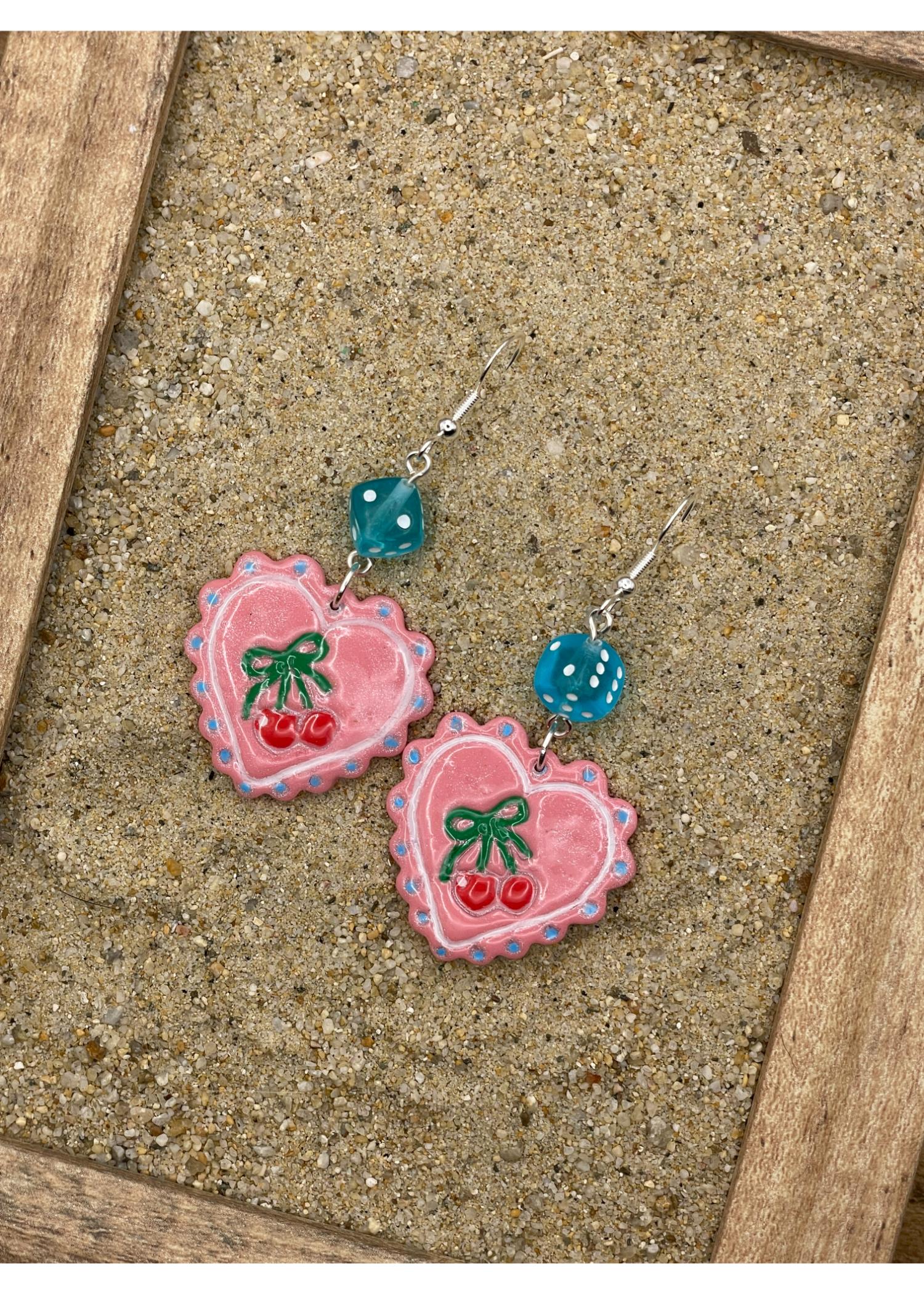 Dice Heart Earrings with Cherry Imprint - Image 3