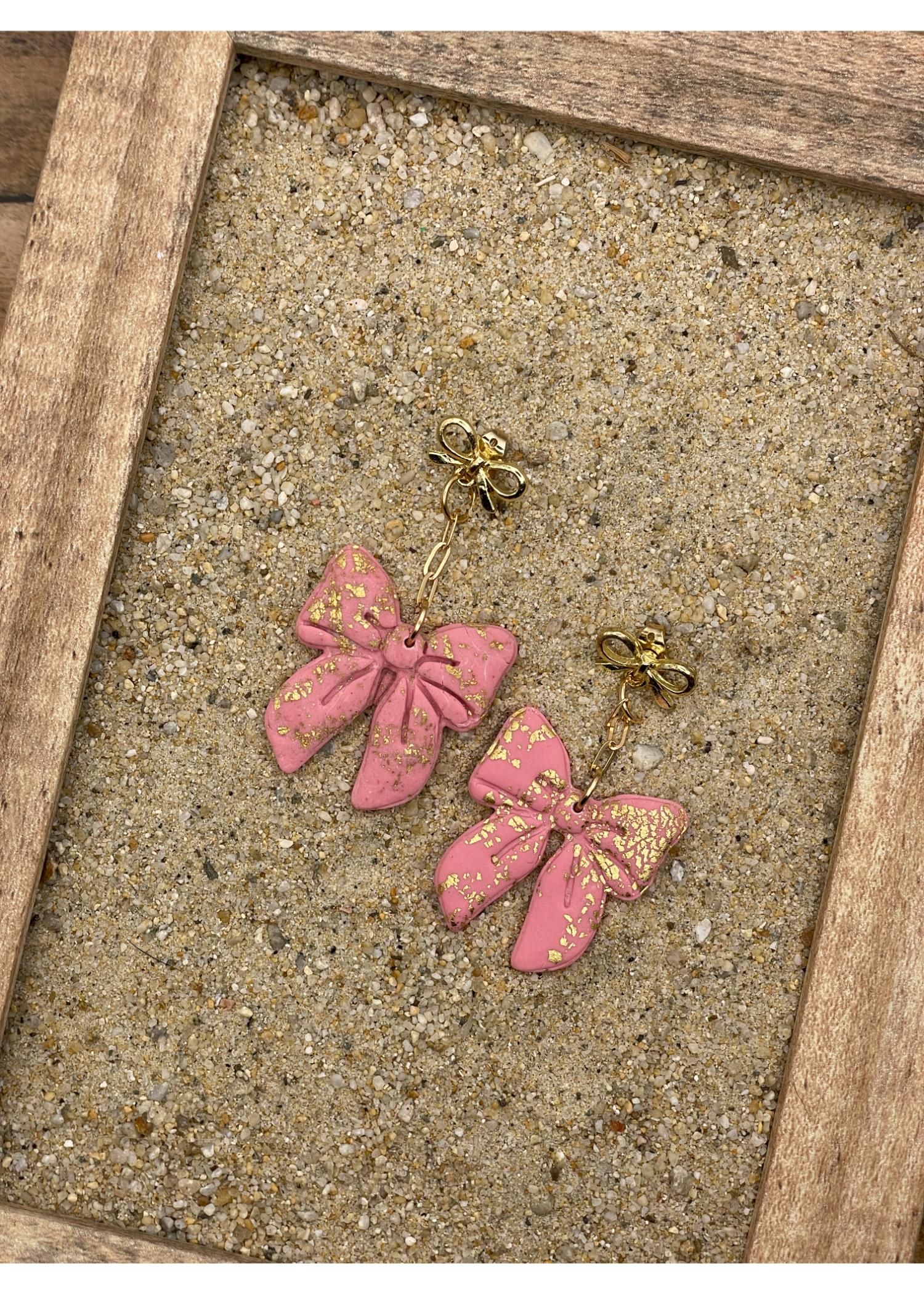 Pink Sparkle Bow Earrings with Gold Studs - Image 3