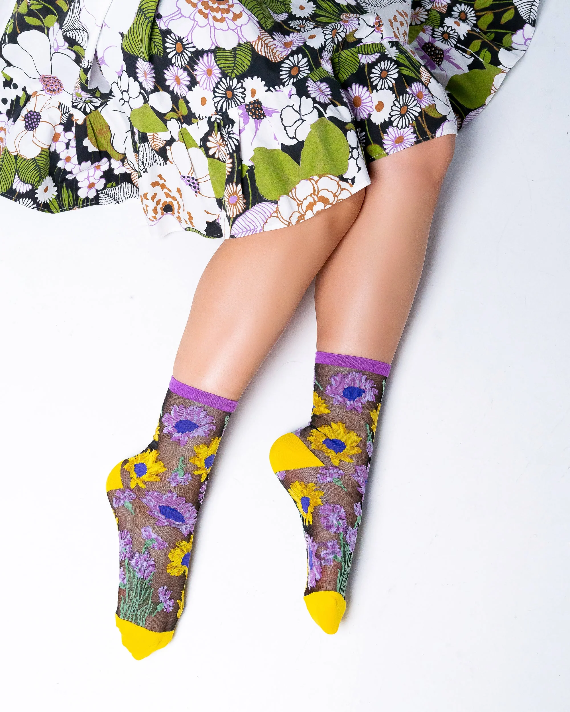 Mixed Sunflowers Black Sheer Crew Sock - Image 5