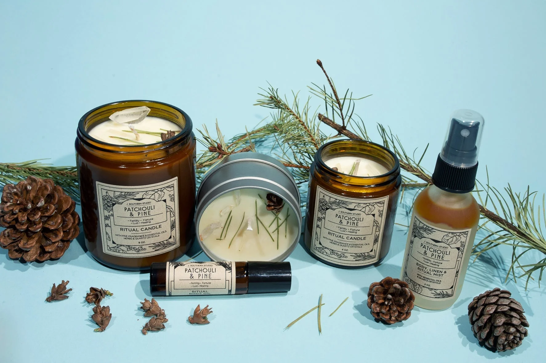 Patchouli & Pine Ritual Candle with Quartz and Herbs - Image 5