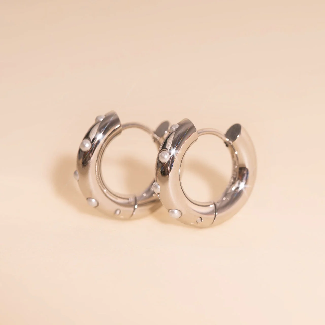 Pearl Chunky Rounded Huggie Hoop Earrings - Image 11