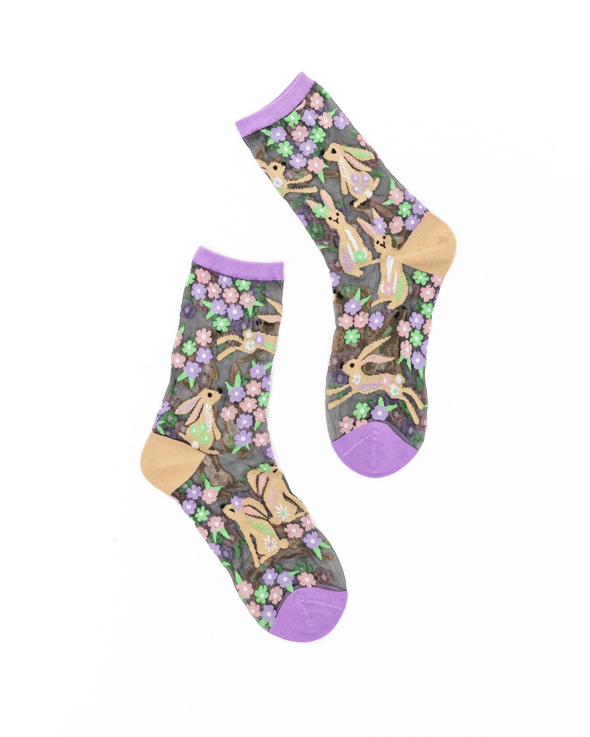 Rabbit Floral Black Sheer Crew Sock - Image 2