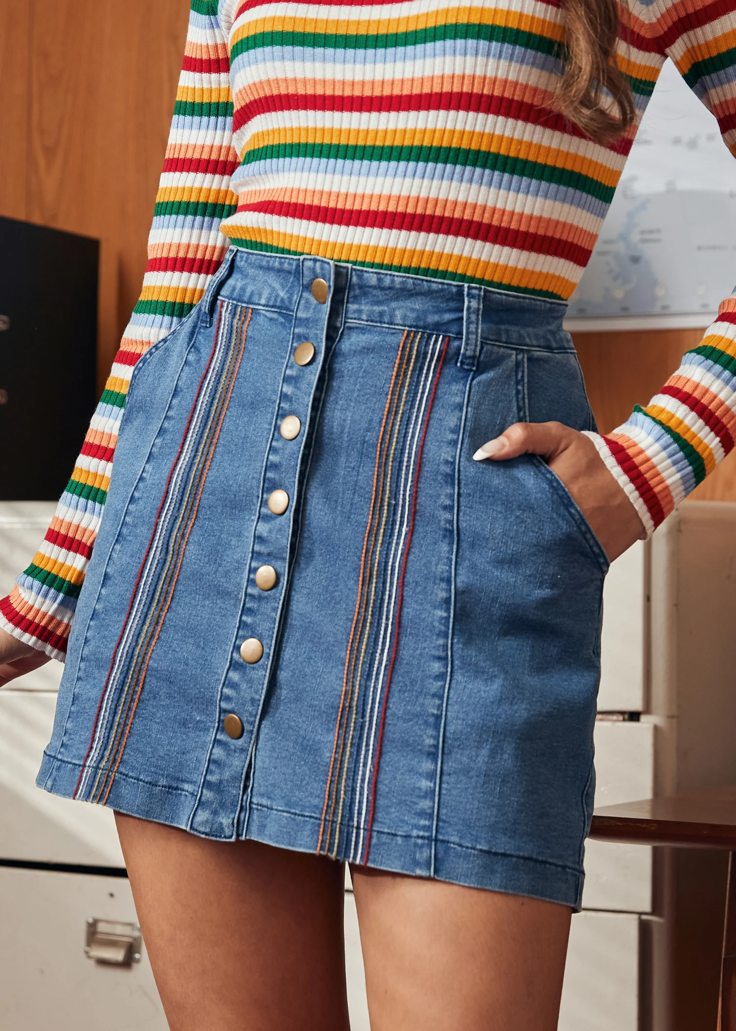 A Spring Fling Button Down A-Line Jean Skirt - Image 4