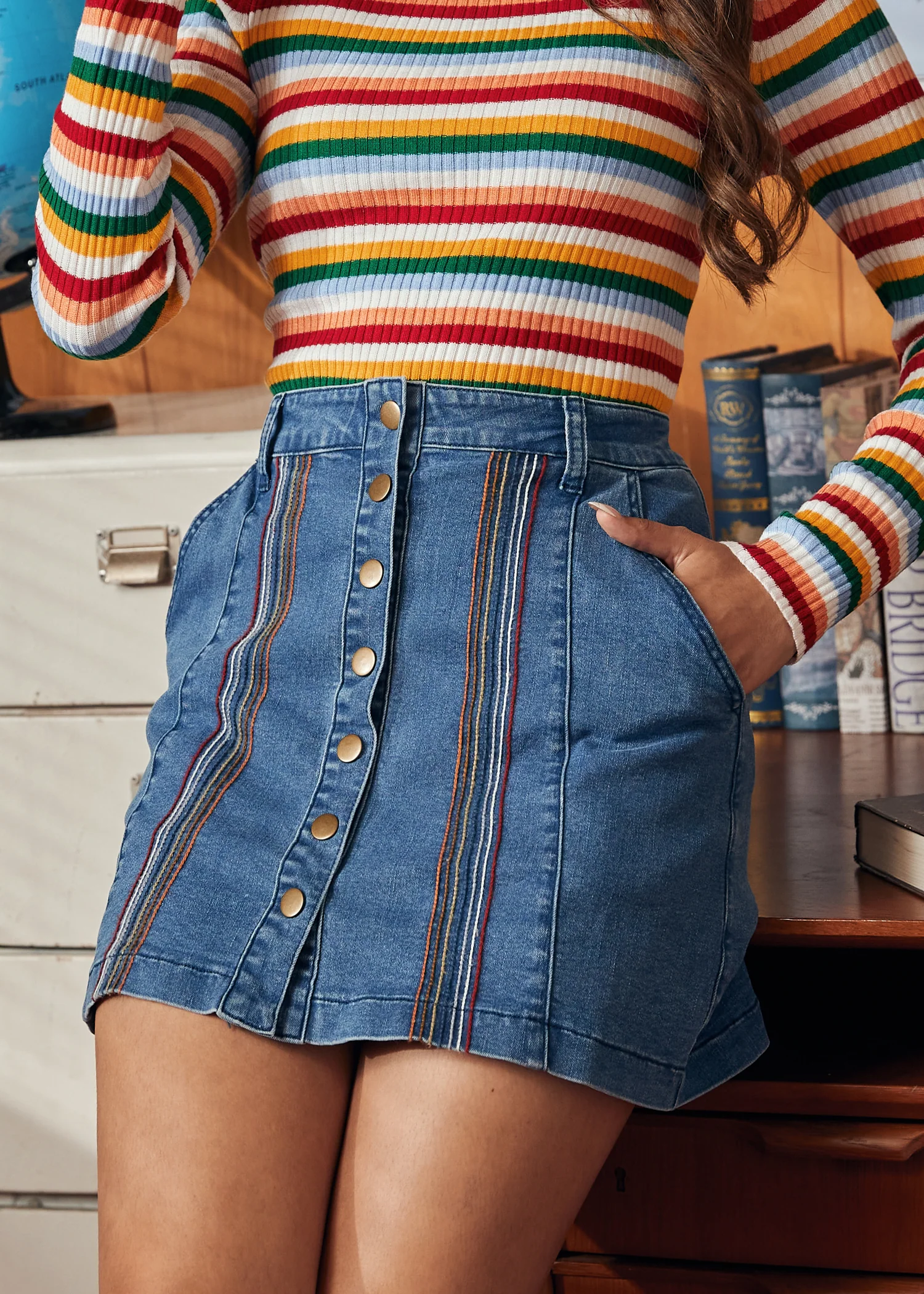 A Spring Fling Button Down A-Line Jean Skirt - Image 6
