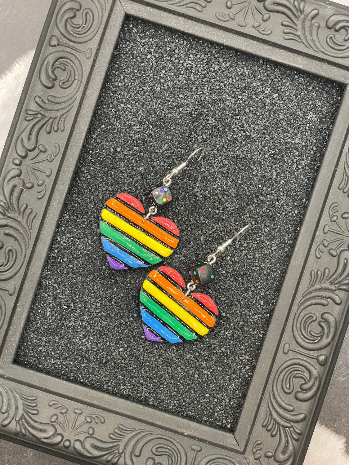 Rainbow Heart with Black Dice Earrings - Image 3