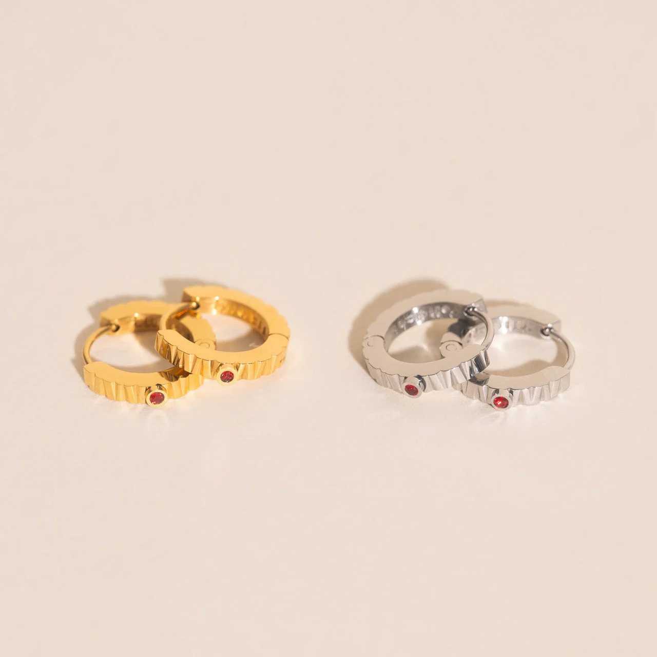 Red Crystal Textured Huggie Hoop Earrings - Image 9