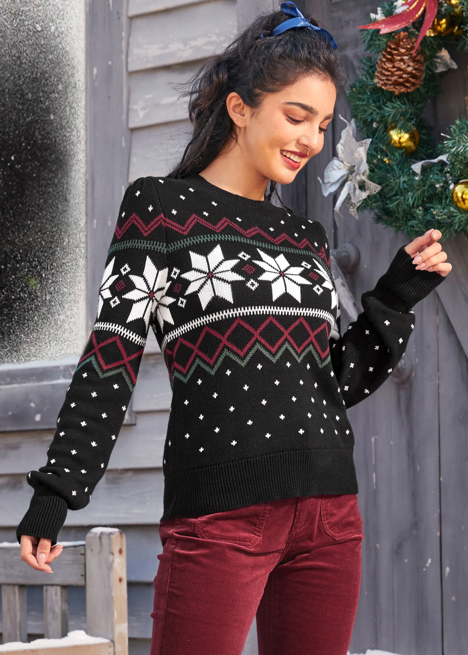 Whimsical Winter Puff Shoulder Sweater - Image 3