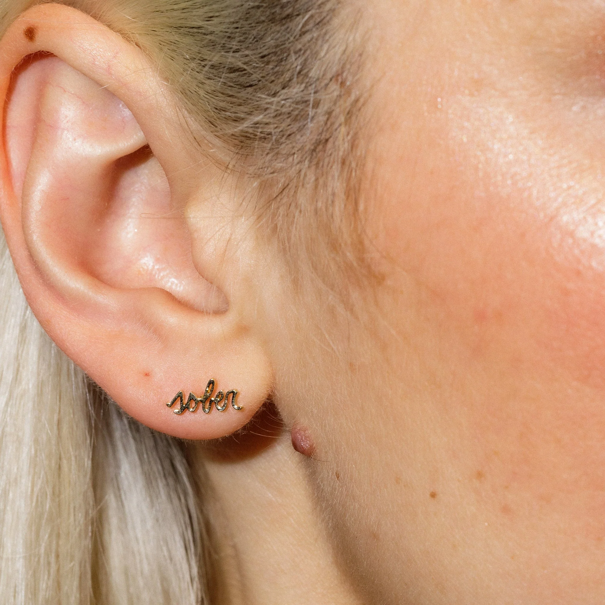 Tiny Sober Script Stud Earrings - Image 2