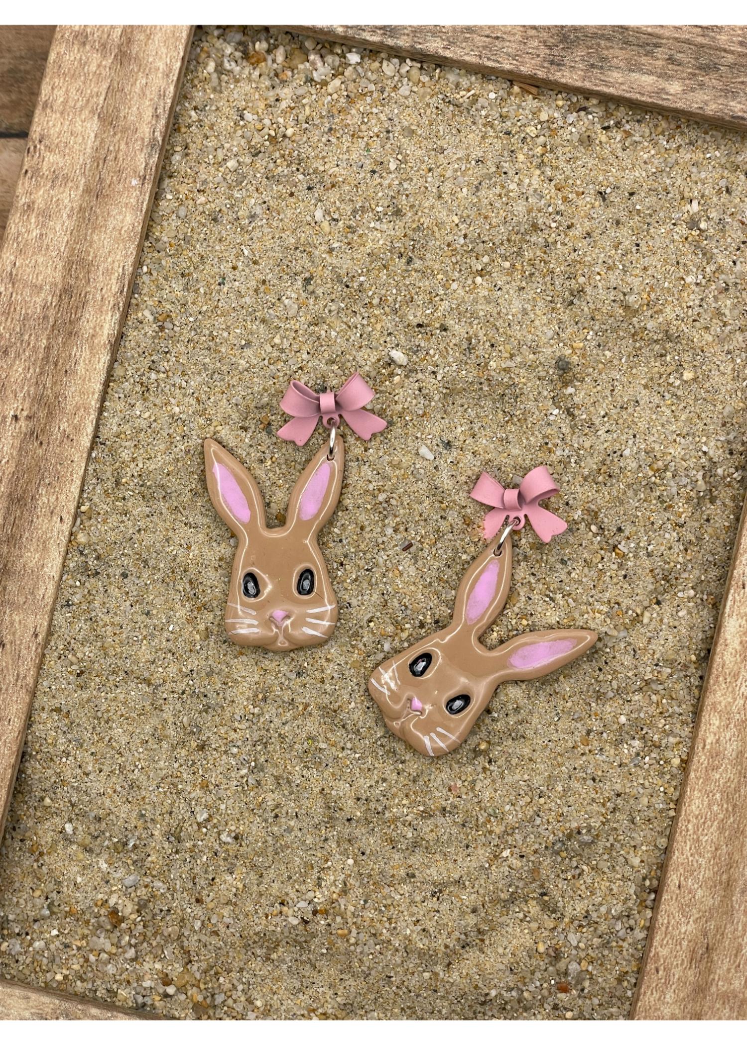 Easter Bunny Earrings with Pink Bow - Beige - Image 3