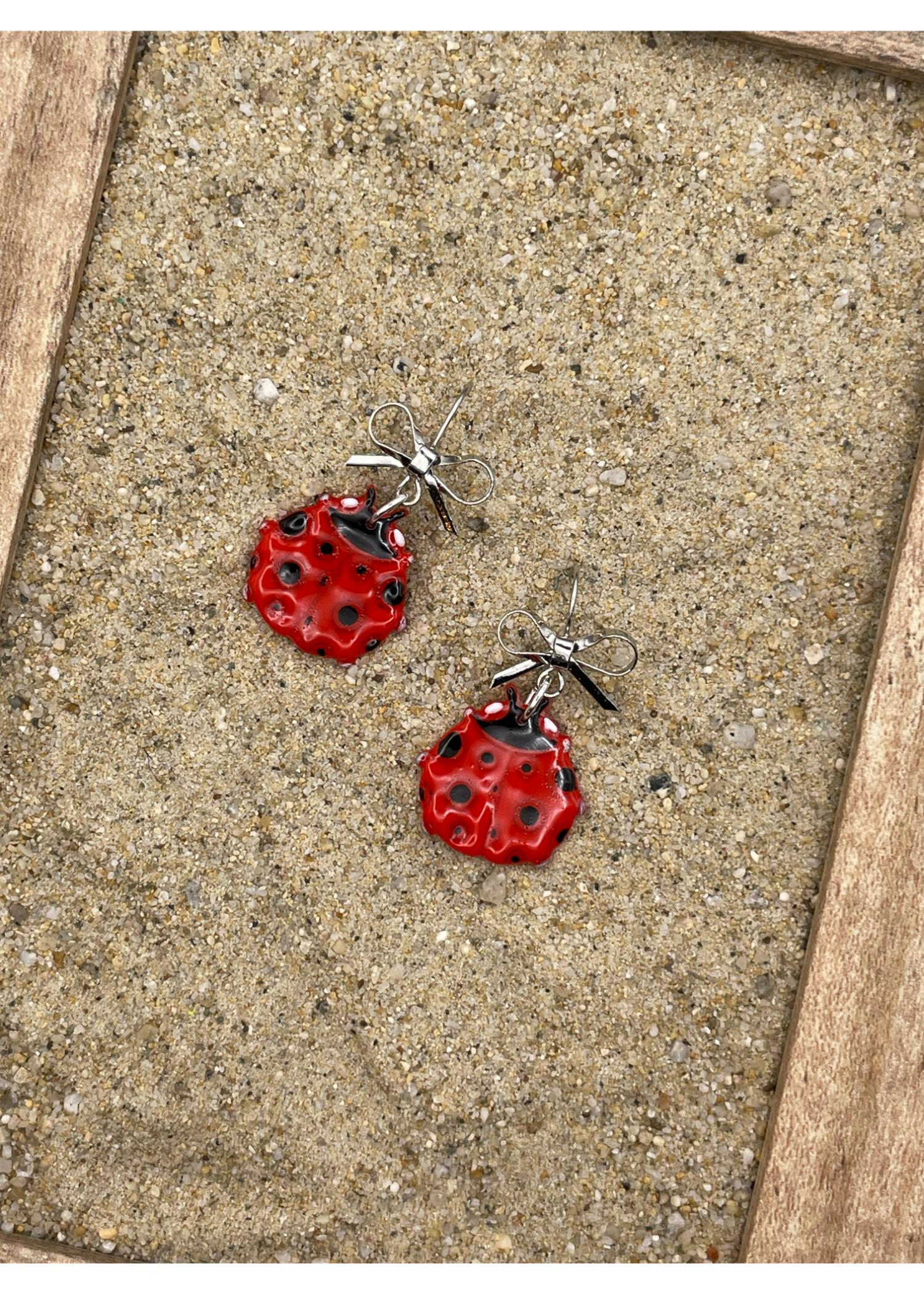 Lady Bug Dangle Earrings with Bow - Image 3