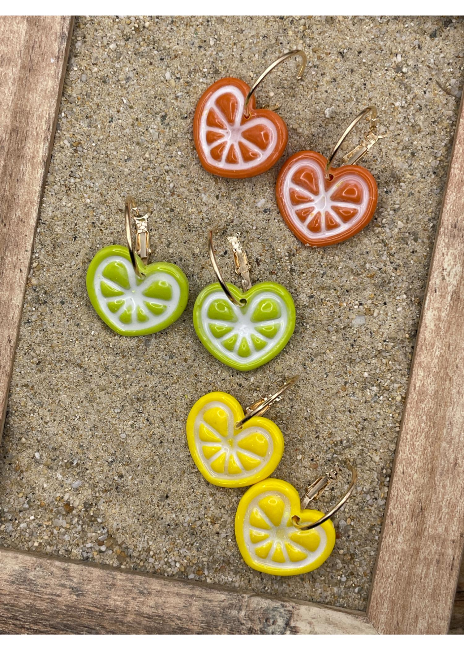 Fruit Slice Heart Hoop Earrings: Orange, Lemon or Lime - Image 2