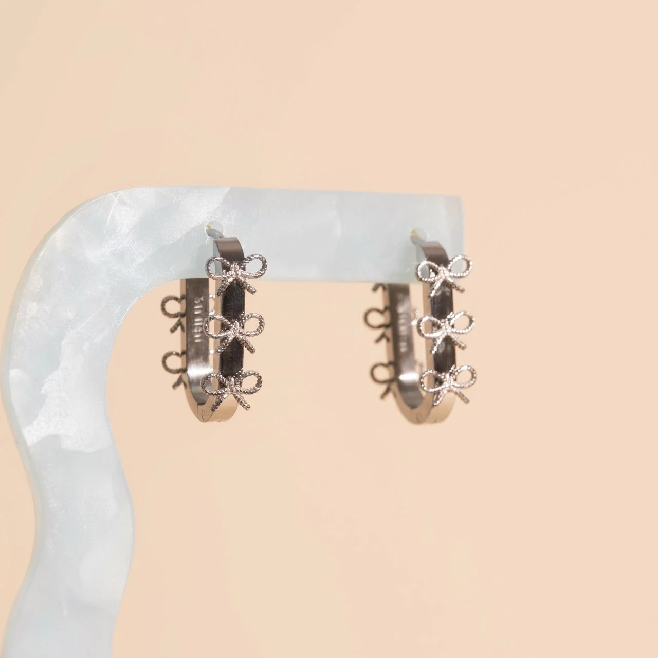 Stacked Rope Bow Oblong 3D Huggie Hoop Earrings