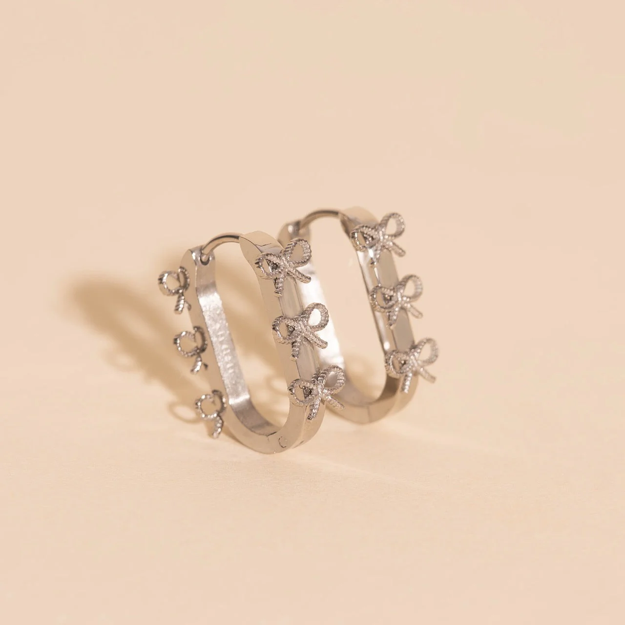 Stacked Rope Bow Oblong 3D Huggie Hoop Earrings - Image 6