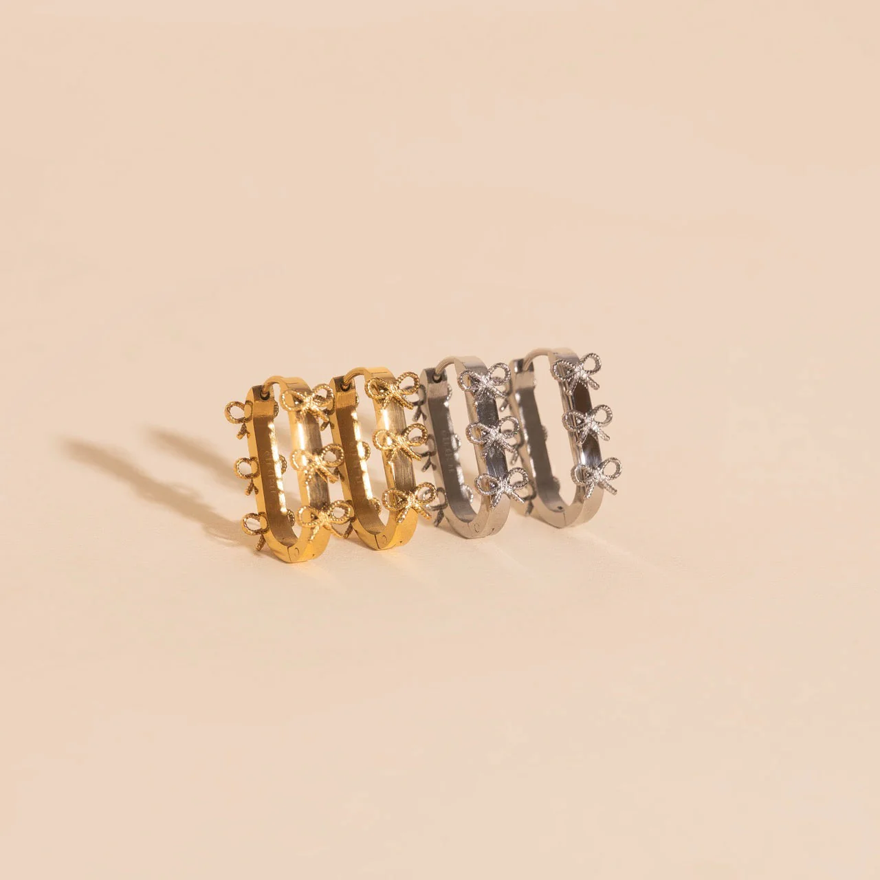 Stacked Rope Bow Oblong 3D Huggie Hoop Earrings - Image 8