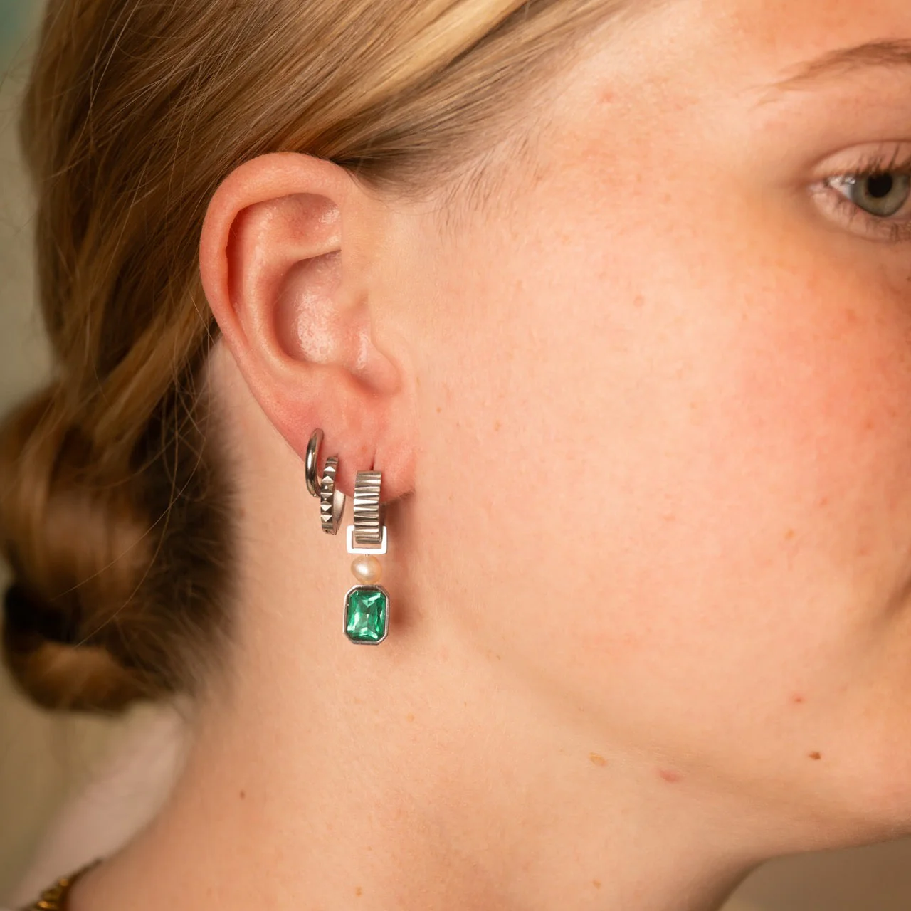 Studded Huggie Hoop Earrings - Image 2