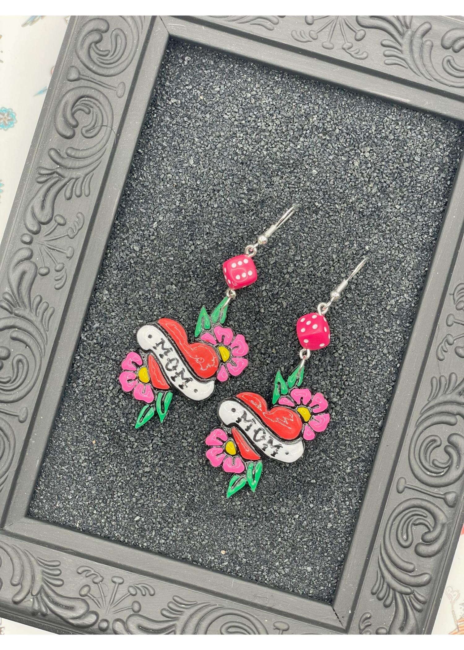 Tattoo Love Mom Heart Earrings - Image 3