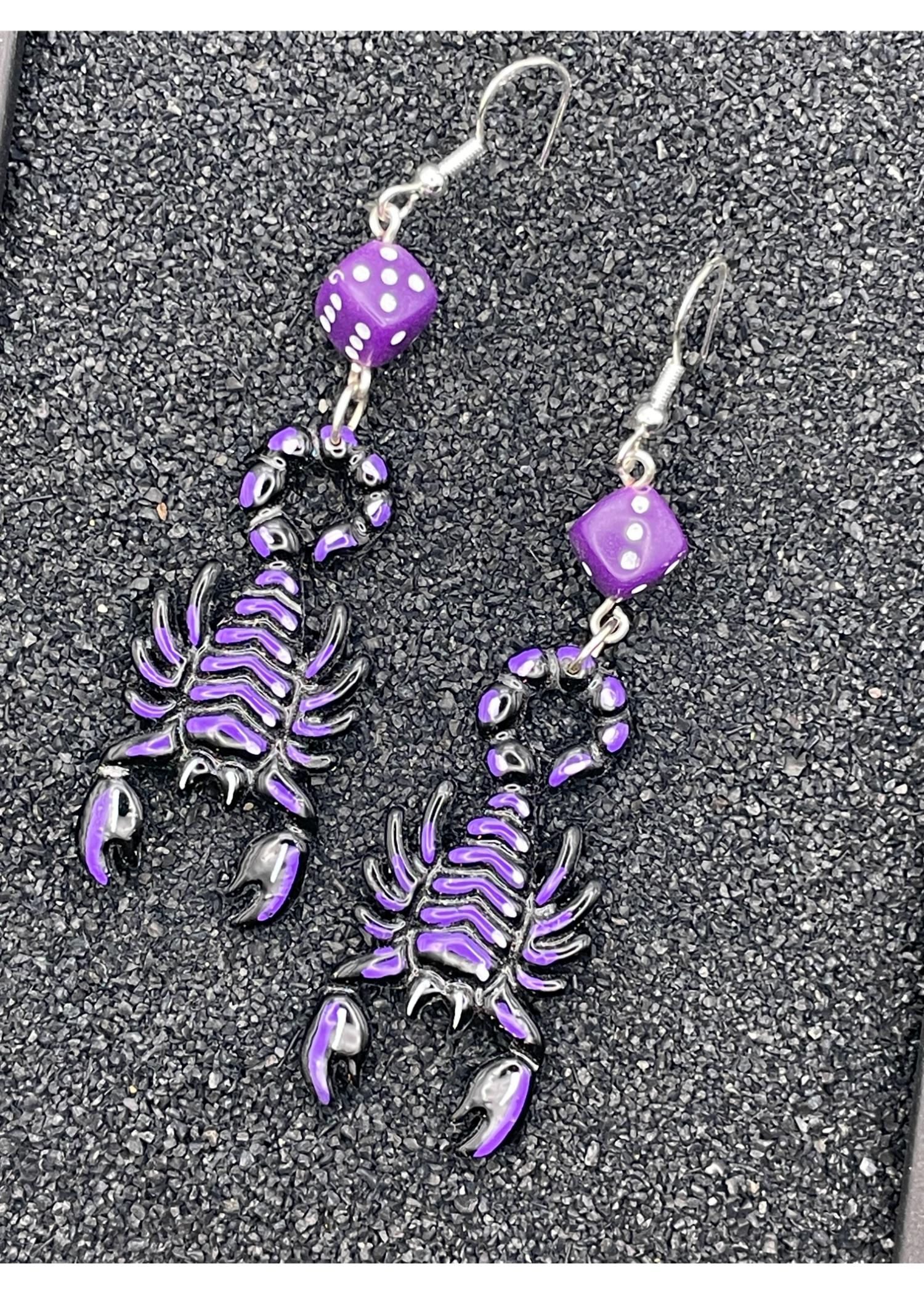 Scorpion Tattoo Earrings with Purple Dice