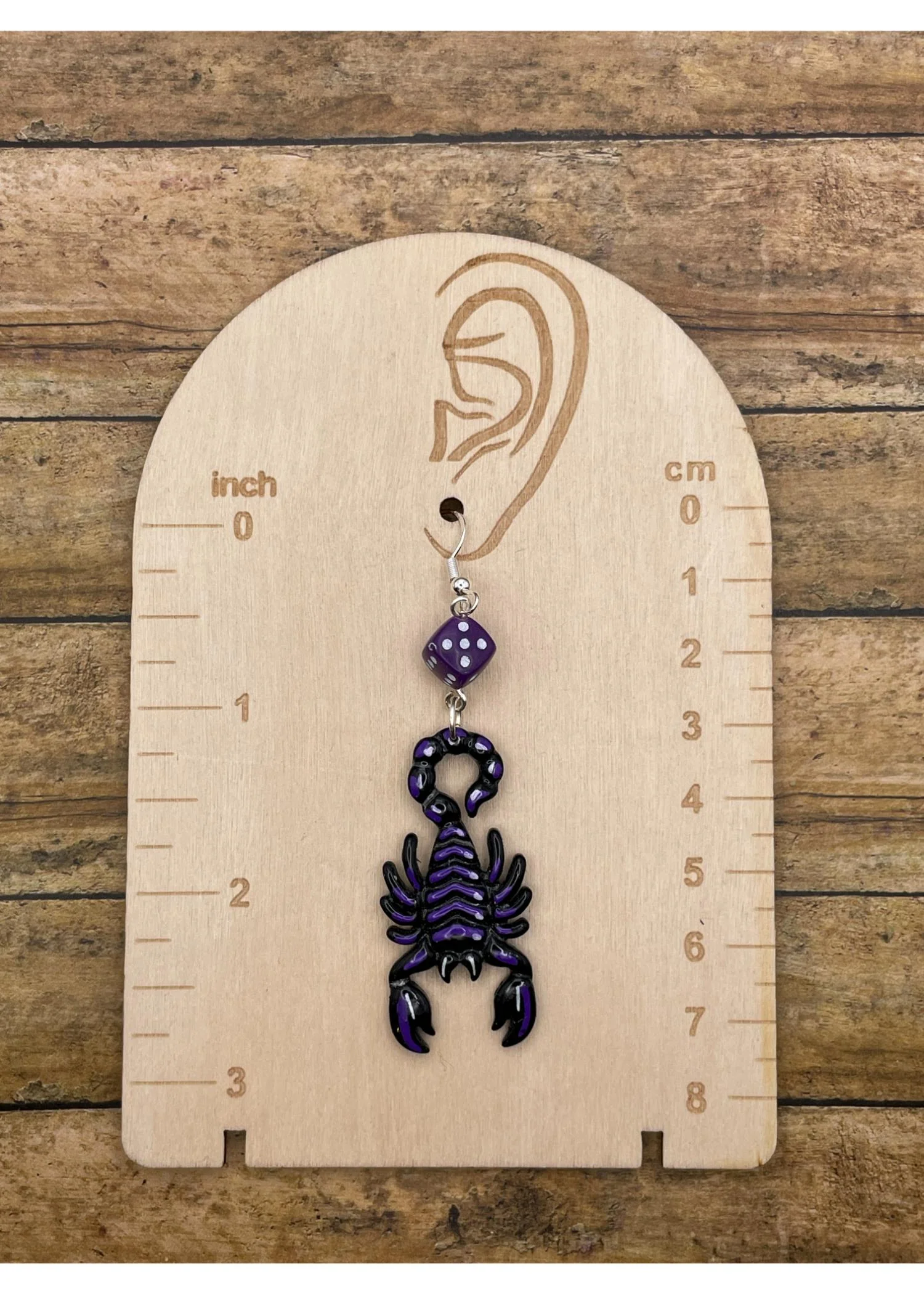 Scorpion Tattoo Earrings with Purple Dice - Image 2